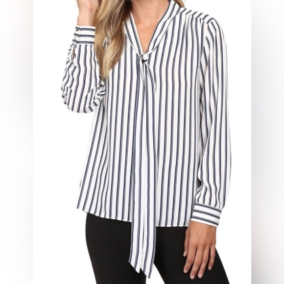 VINCE CAMUTO White Stripe Tie Neck Blouse Top S - Picture 1 of 8